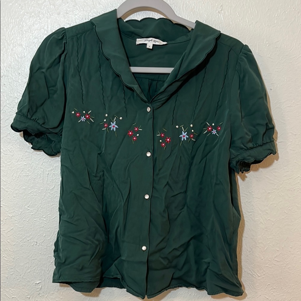 Green Sailor Collar Blouse with Pink Embellishments